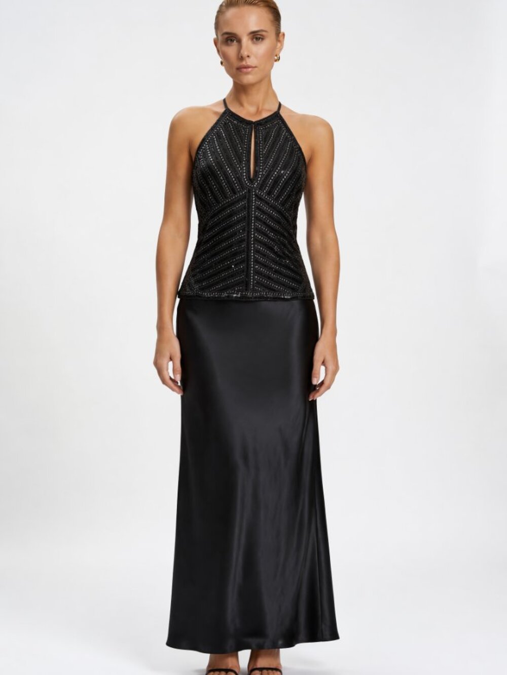 PARKER Sexy Strappy Peek-a-Boo Back New heavily beaded dressy silk top M